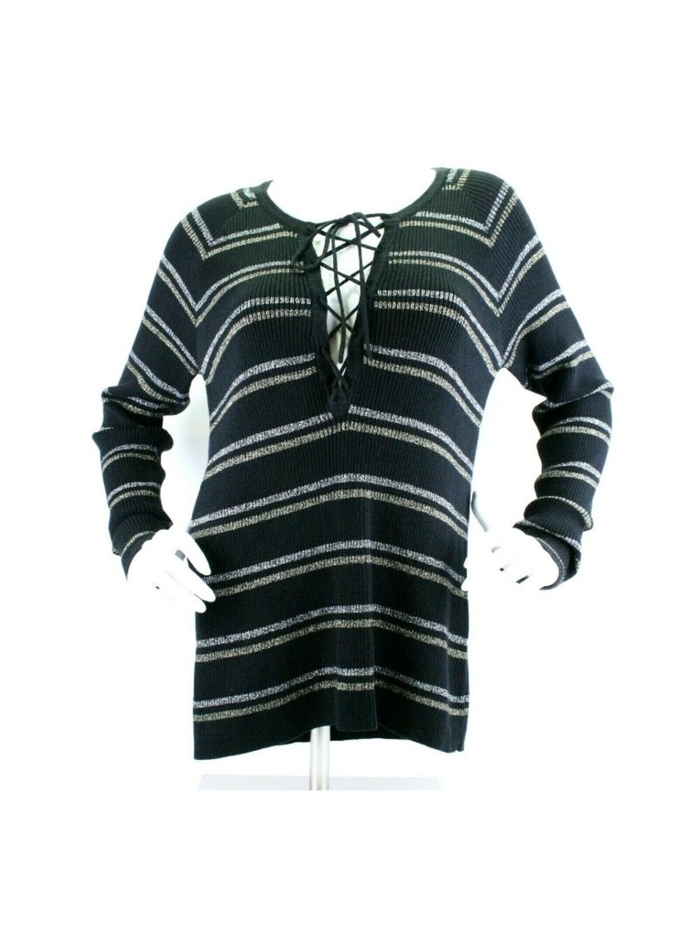 Chaser Womens Size M Sweater Cotton Lurex Ribbed Black Silver Lace up $86 Nwt